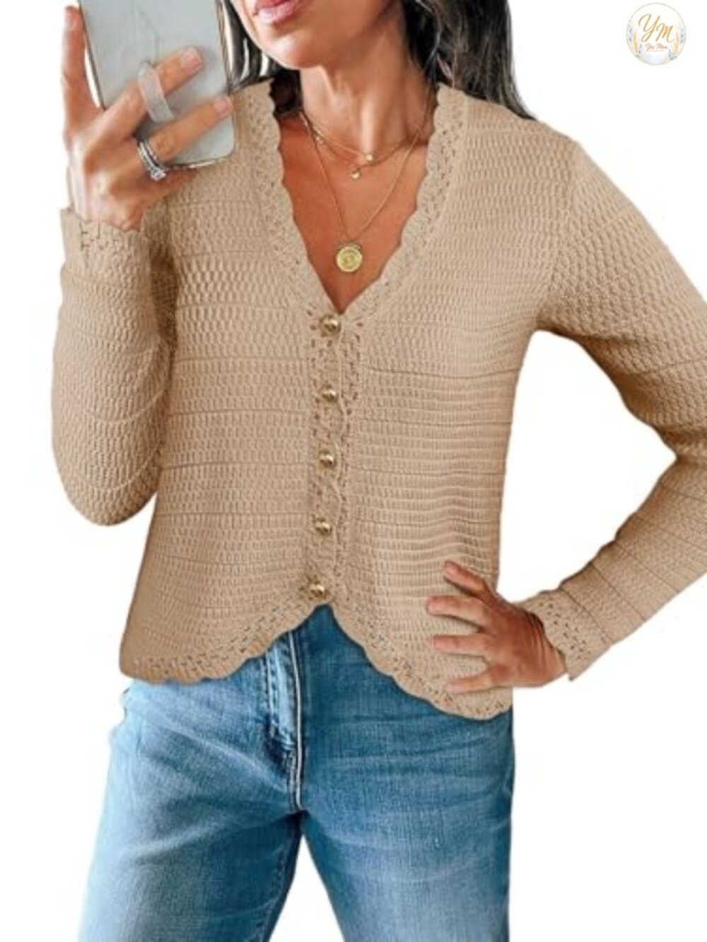 V Neck Cropped Button Down Knit Cardigan Long Sleeve Boho Sweater